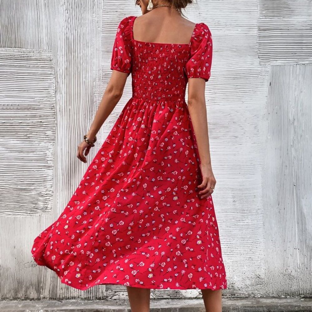 New Allover Floral Square Neck Ruched Bust Puff Sleeve Split Thigh Dress red - Picture 4 of 6